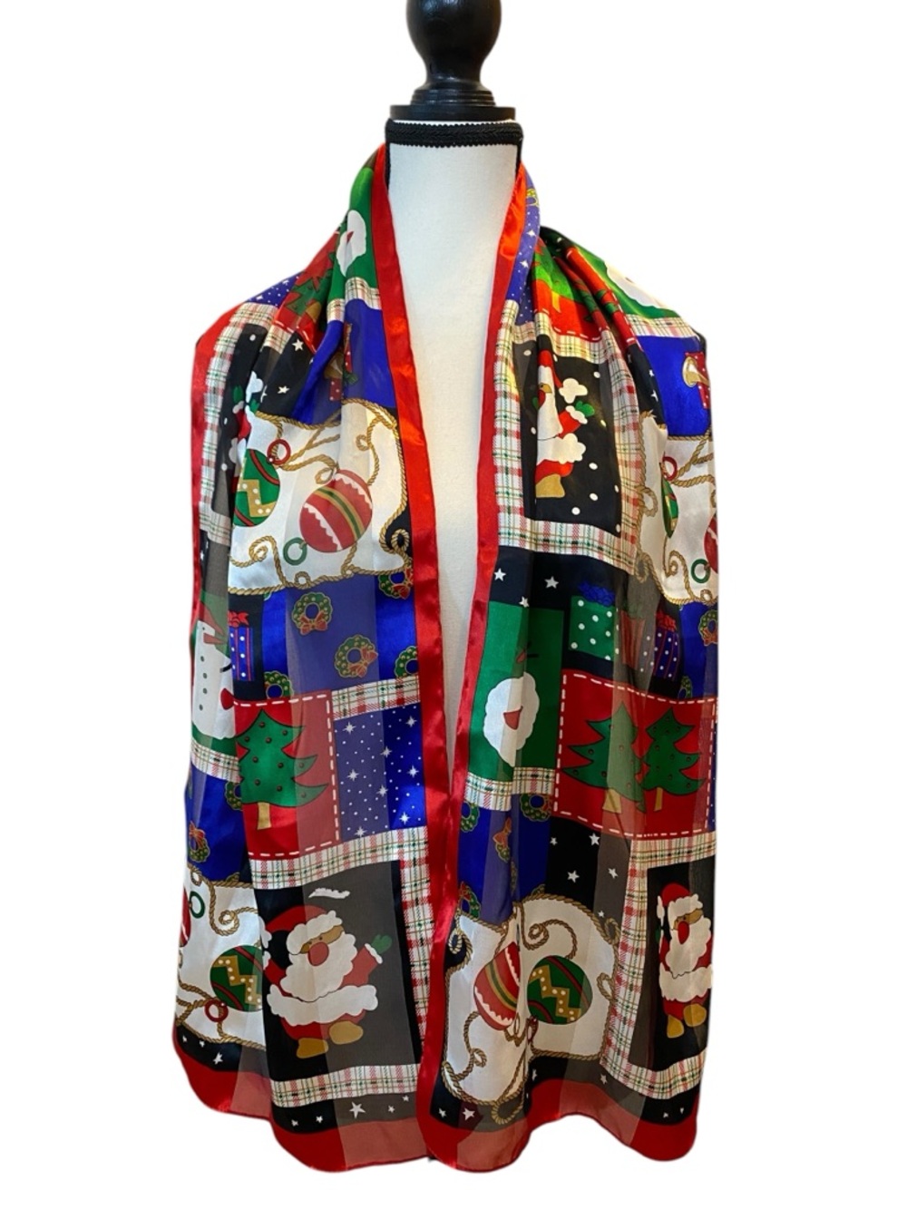 Christmas Scarf with Santa & Trees - Red, Green, Blue 13” x 58”